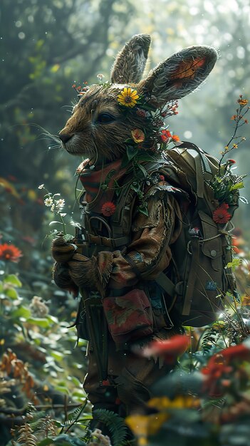 a rabbit with a flower crown on his back is surrounded by flowers