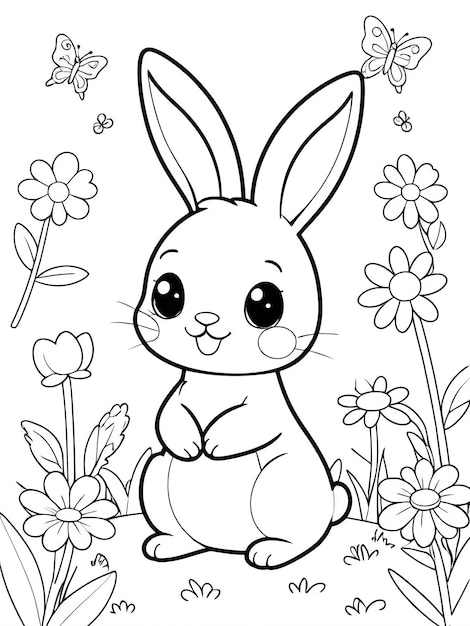 Photo rabbit with flowers and butterfly coloring page for kids