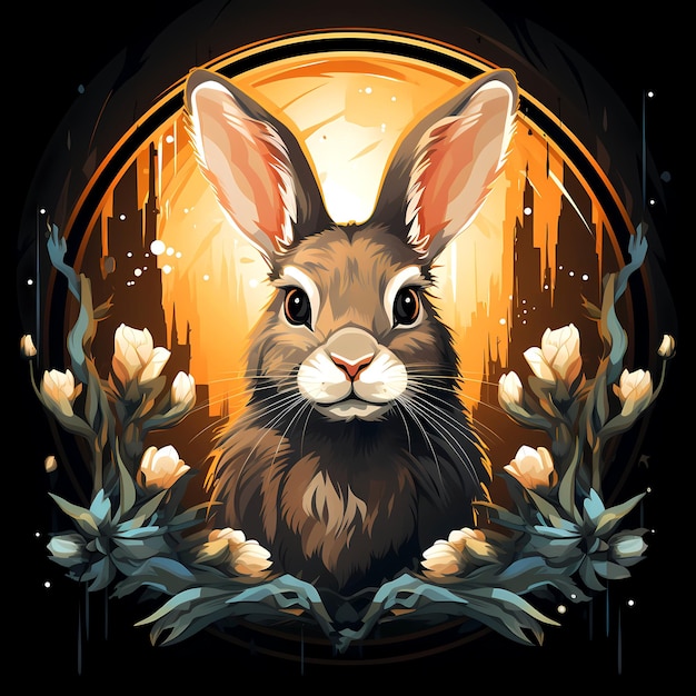 Rabbit with flowers in front of cityscape Generative AI