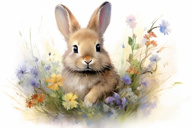 Rabbit with flowers Watercolor illustration on a white background