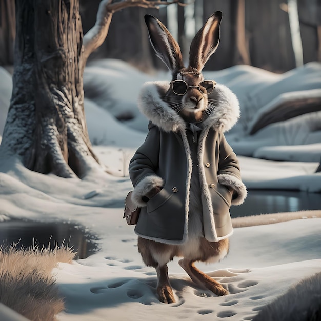 a rabbit with a fur coat on and a fur coat is walking in the snow