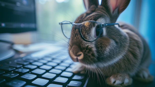 Photo rabbit with glasses sitting on computer keyboard