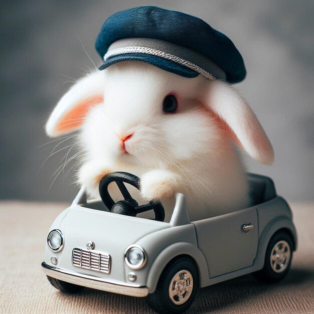 Photo a rabbit with a hat on driving a toy car