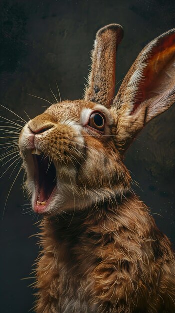 Photo a rabbit with its mouth open and the word rabbit is open