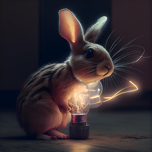 Rabbit with a light bulb on a dark background The concept of ecofriendly energy