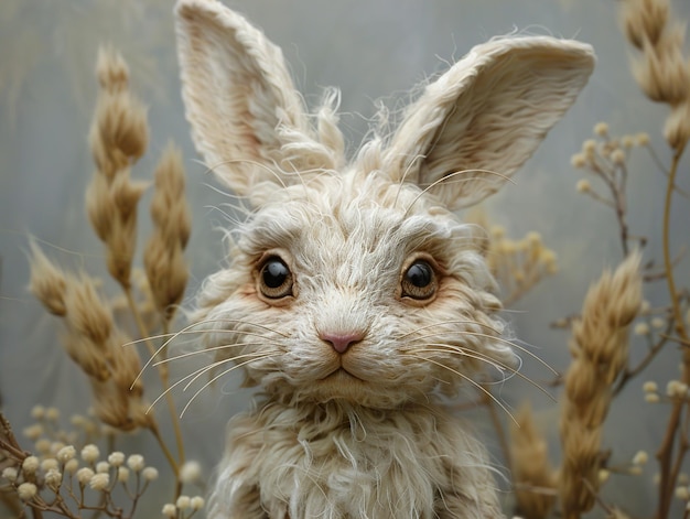 a rabbit with long ears and a pink nose is standing in a field of tall grass