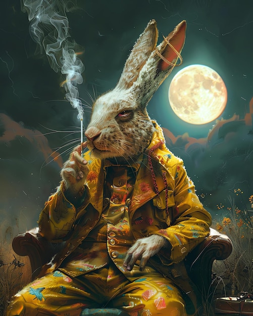 Photo a rabbit with a long horn sits in front of a full moon