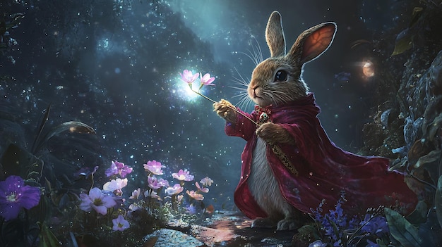 Photo a rabbit with a magic wand is holding a magic wand