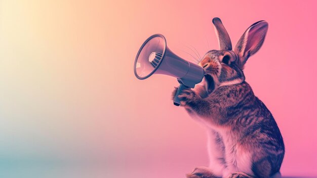 Photo rabbit with a megaphone on a colorful gradient background