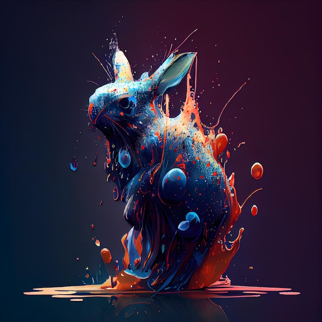 Rabbit with paint splashes on dark background 3d rendering