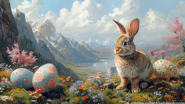 a rabbit with a painted face stands in a landscape with mountains in the background