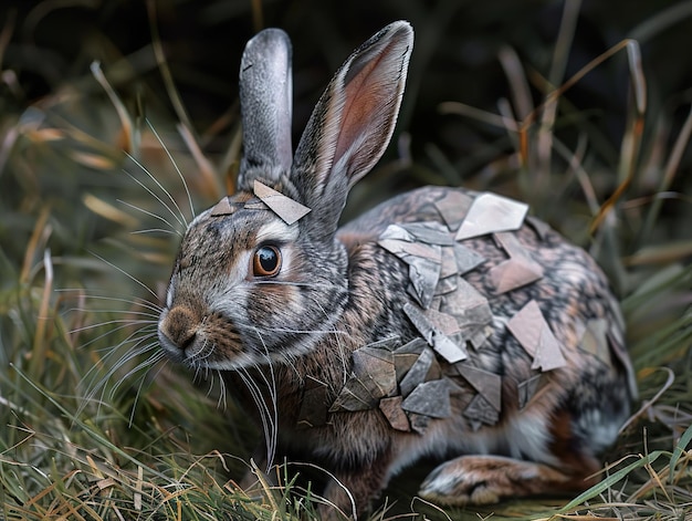 Photo a rabbit with a paper on its back sits in the grass