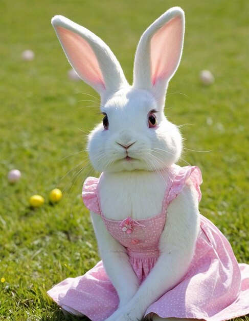 a rabbit with a pink dress and a pink dress with flowers in the background