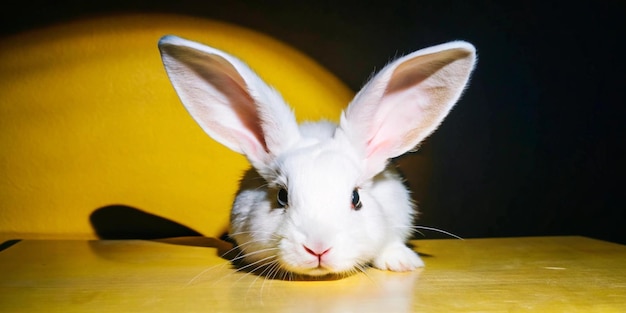 a rabbit with a pink nose is laying on a yellow chair