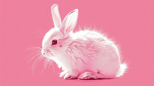 a rabbit with a pink nose and white fur on the pink background