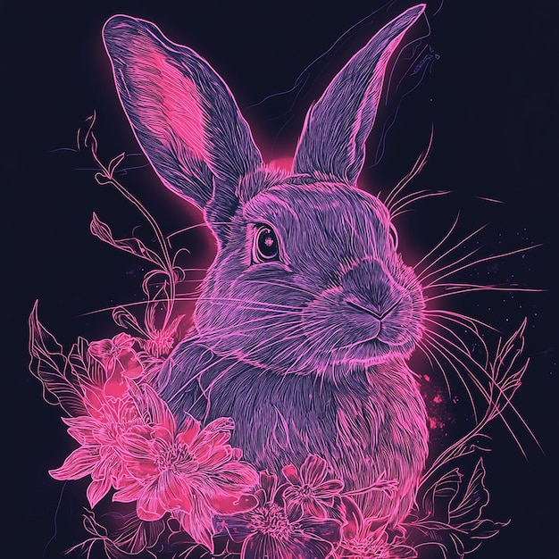 Photo a rabbit with pink and purple coloring and a pink flower in the middle