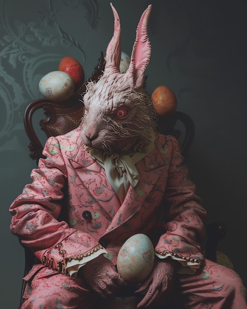 a rabbit with a pink suit and a pink dress on it sits in a chair with eggs