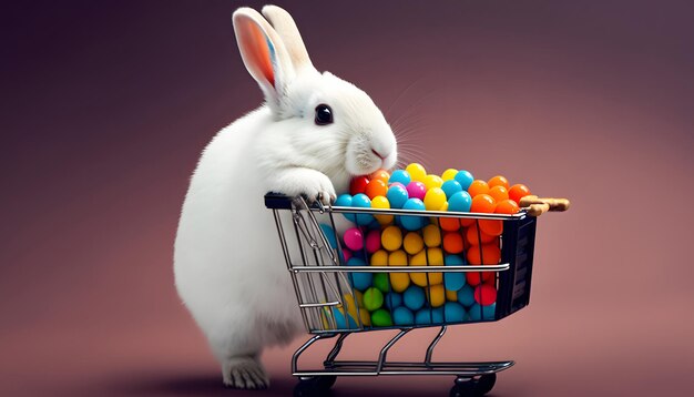 A rabbit with a shopping cart full of candy