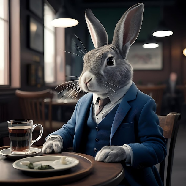 a rabbit with a suit on sits at a table with a cup of tea