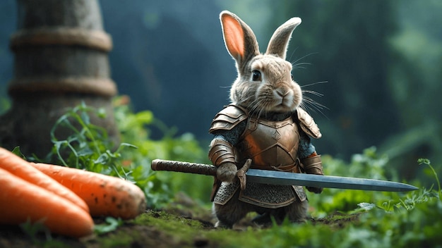 Photo a rabbit with a sword and shield in his hands