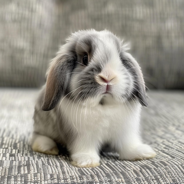 a rabbit with a white face and black ears sits on a couch