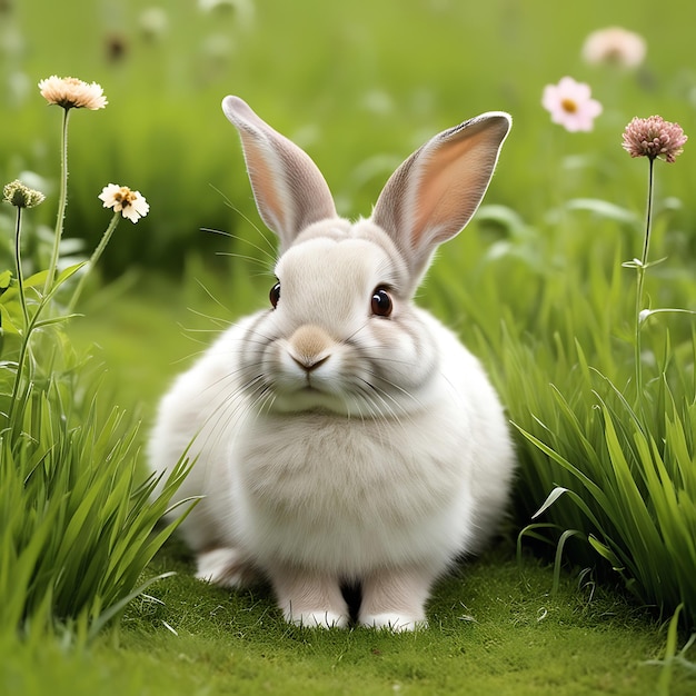 a rabbit with a white face and brown eyes sits in the grass