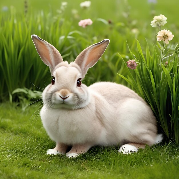 a rabbit with a white face and brown eyes sits in the grass