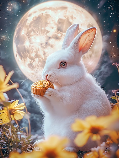 Photo a rabbit with a white face is eating a cookie