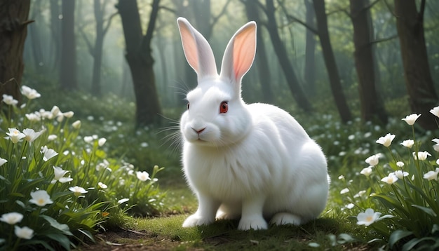 a rabbit with a white face and red eyes sits in a forest