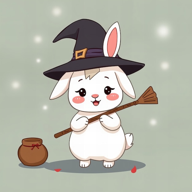 a rabbit with a witch hat and a broom in front of a pot with a handle