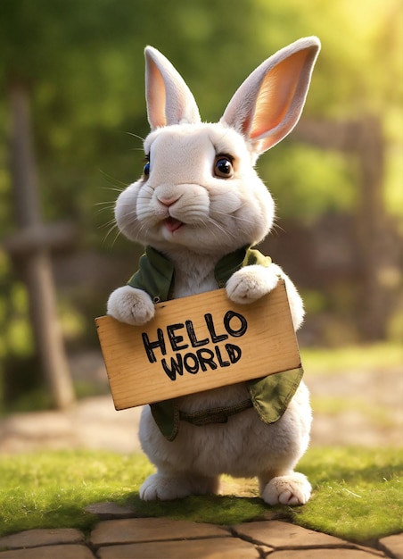 a rabbit with a wooden sign that says hello world in it