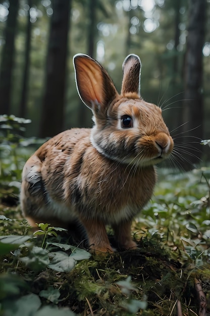 A rabbit in the woods is looking at the camera