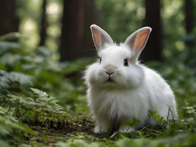 a rabbit in the woods with a white face and brown eyes