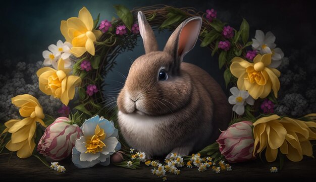 A rabbit in a wreath of flowers