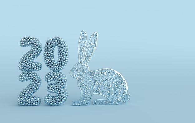 Rabbit zodiac sign and 2023 numerals on blue background Asian ornate rabbit Chinese New Year 2023