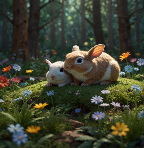 Rabbits are sitting in a forest with flowers