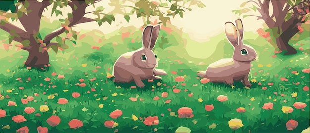 Rabbits Beautiful art design vector of cute little easter bunnies in a blooming meadow Spring flowers and green