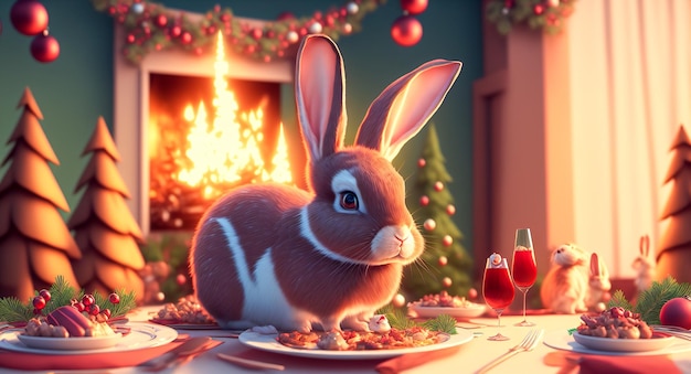 Rabbits eat at the Christmas table