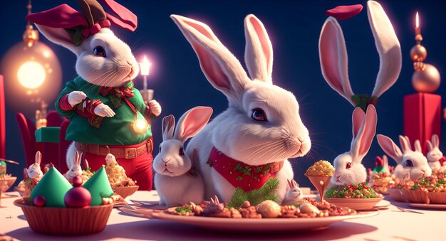 Rabbits eat at the Christmas table