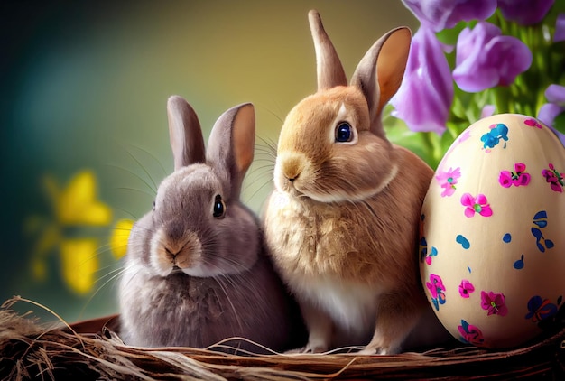 Rabbits family in the nest with many colorful Easter eggs for Happy Easter Day Greeting card background Animal and pet concept Generative AI