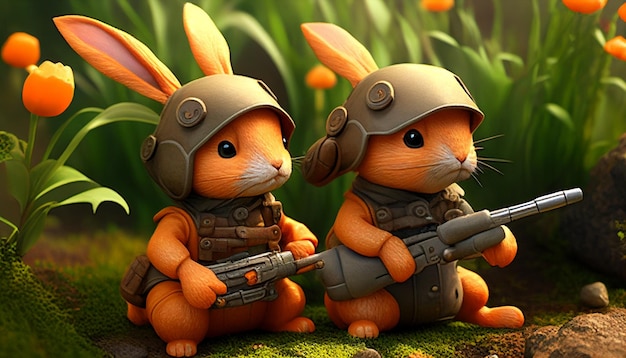 Rabbits with guns garden setting Generative AI