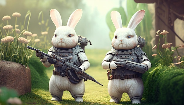 Rabbits with guns garden setting Generative AI