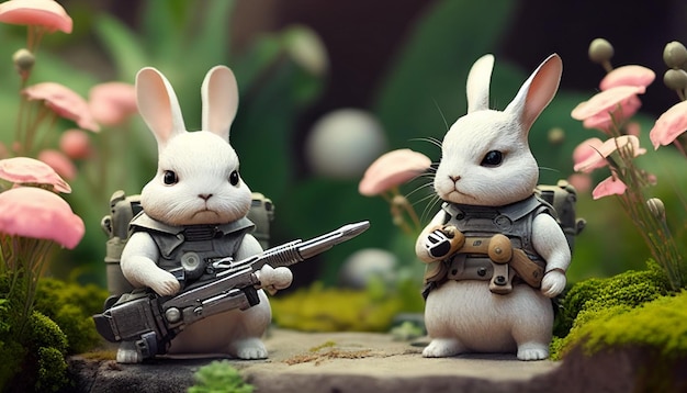 Rabbits with guns garden setting Generative AI