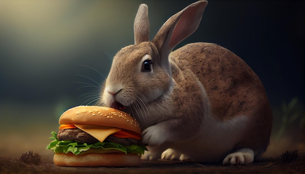 Rabit Easter bunny eating fast food burger