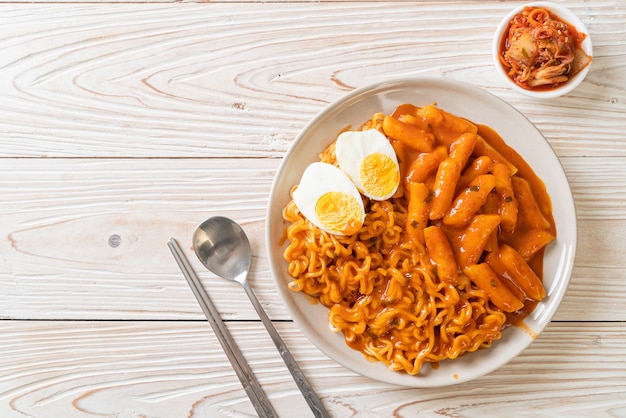 Rabokki (Ramen or Korean instant noodle and Tteokbokki) in spicy korean sauce. Korean food style