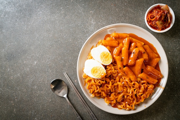 Rabokki (Ramen or Korean instant noodle and Tteokbokki) in spicy korean sauce - Korean food style