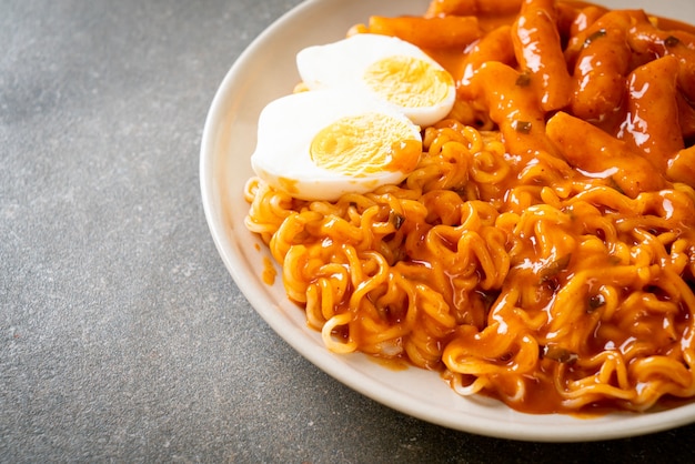 Rabokki (Ramen or Korean instant noodle and Tteokbokki) in spicy korean sauce - Korean food style