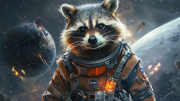 Raccoon in an astronaut suit repairing a satellite in space with a planet in the background