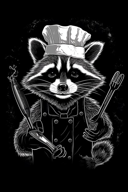 raccoon chef 1950 illustration vector art black background