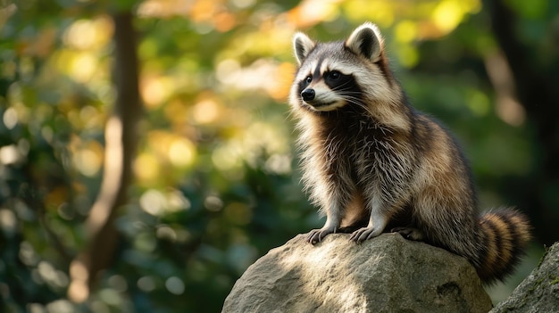 A raccoon dog sitting on a rock in a Japanese forest with space for copy text above